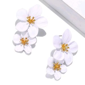 White Double Flower Drop Earrings
